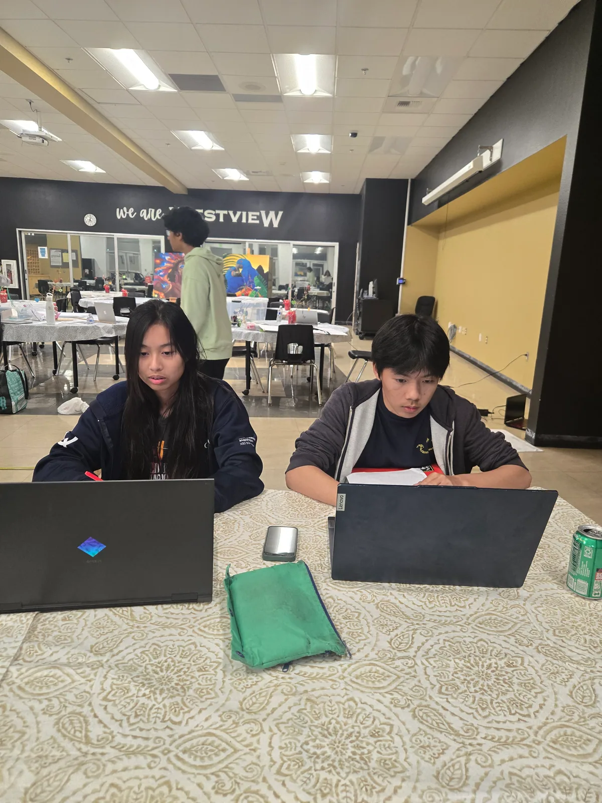 Two Westview Science Olympiad students preparing together on laptops